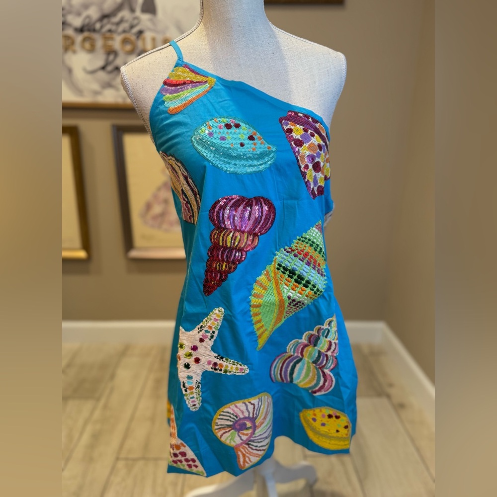 New! QUEEN OF SPARKLES Sequin Multi-Shell One-Shoulder Blue Cotton Dress